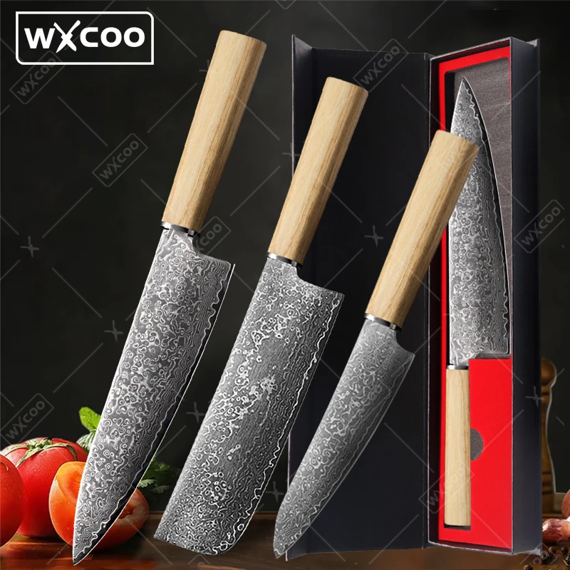 

WXCOO Нож шеф-повара Японский стальной ультра-хострый нож VG-10 для нарезки Дамаск Full Tang Профессиональный кухонный нож Ножи для резки