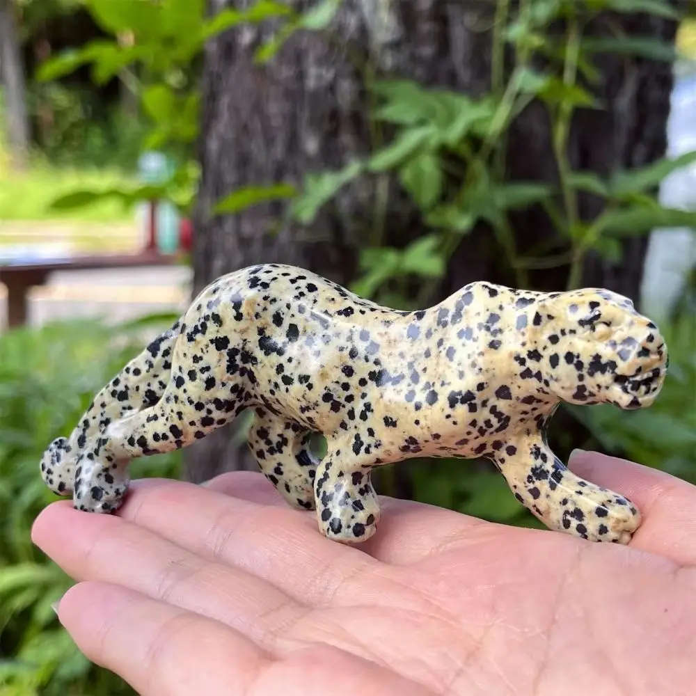 Natural Dalmatian Jasper Leopard Hand Carved Crystal Animal Statue Healing Quartz Stone Panther Sculpture Home Office Desk Decor