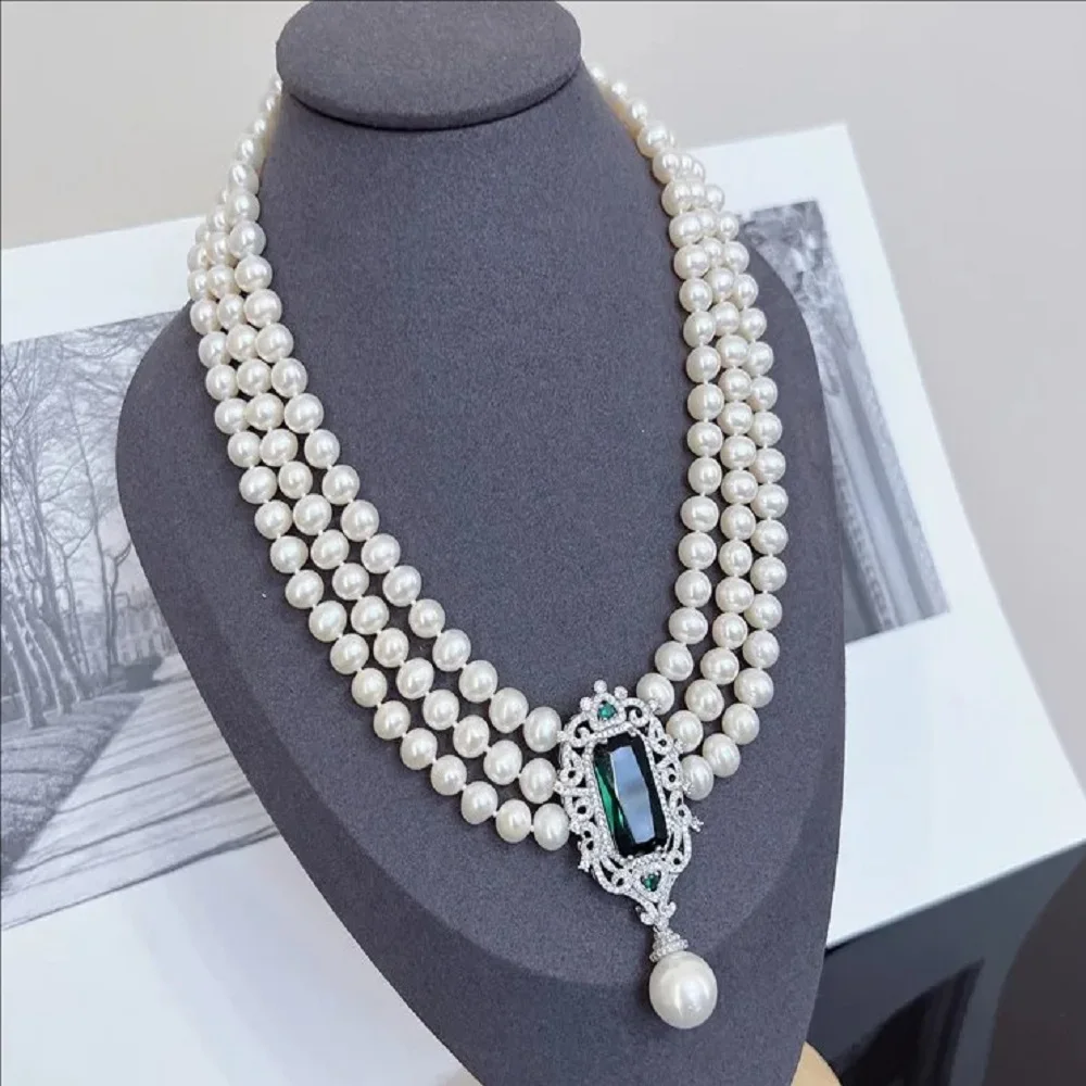 Natural 3-Row AAA 8-9mm Japanese Round White Pearl Silver Plated Zircon Necklace  18/19/20inch+Bracelet 7.5-8inhc Set 925s