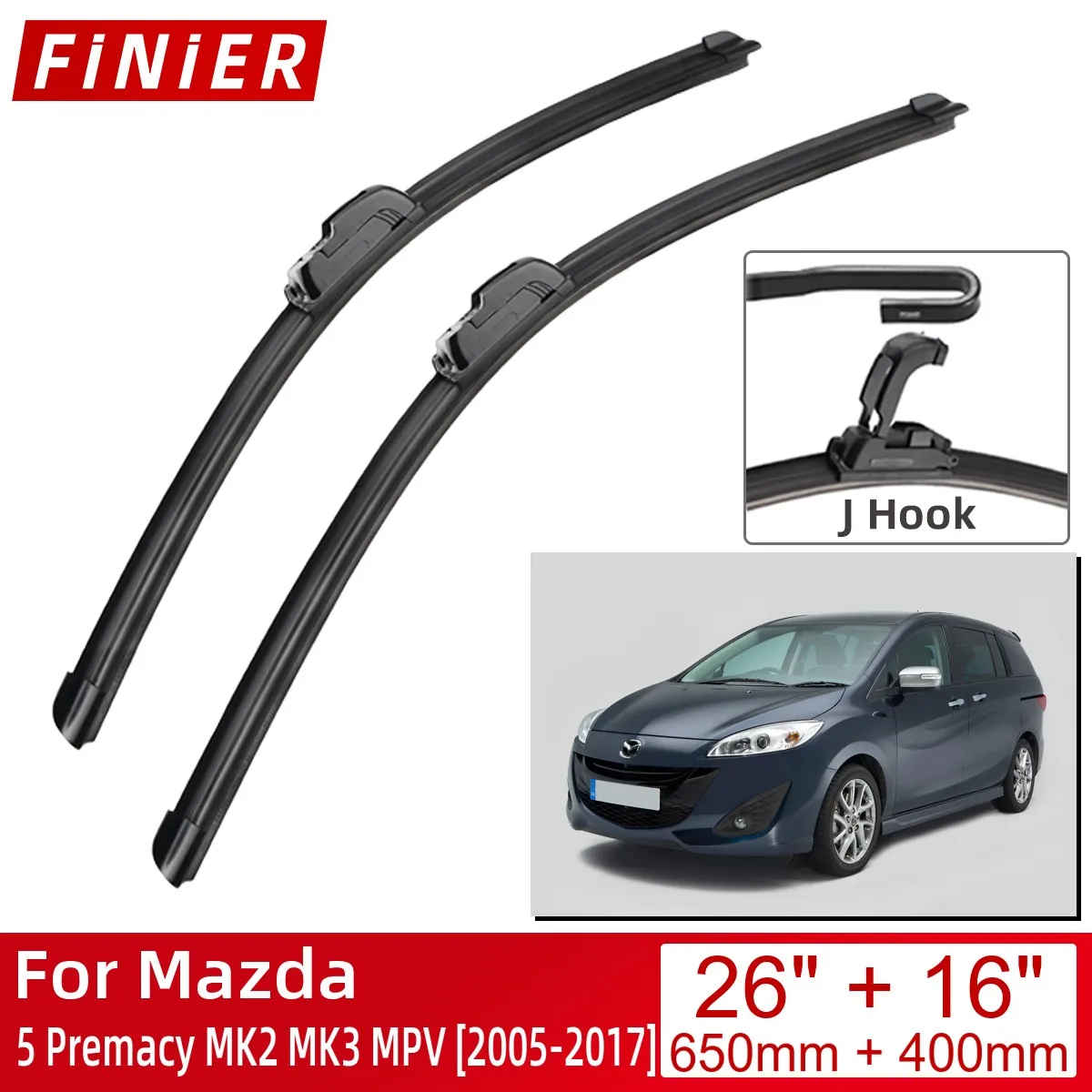 

For Mazda 5 Premacy MK2 MK3 MPV 2005-2017 26"+16" Car Accessories Front Windscreen Wiper Blade Brushes Wipers U Type J Hooks