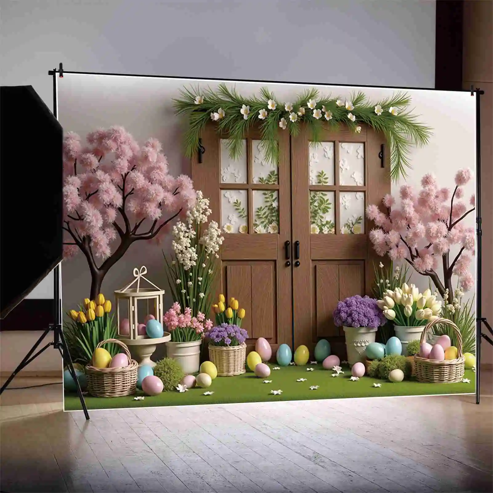 qg primavera ovos de páscoa fundo fotografia porta de madeira flores jardim photozone pano de fundo crianças estúdio photocall adereços