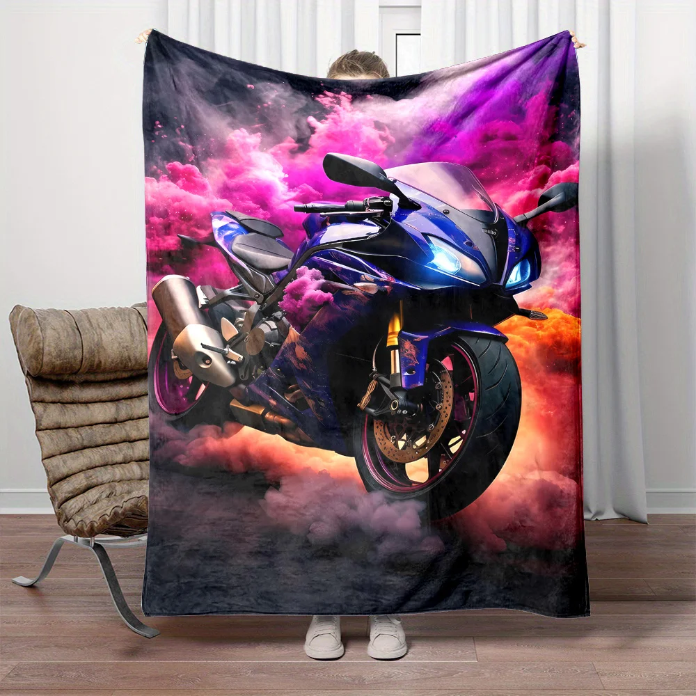 Couverture polaire imprimée bleue pour moto, avec motif de moto sportive rose et violet, couverture en flanelle douce et chaude pour lit, canapé, décoration intérieure