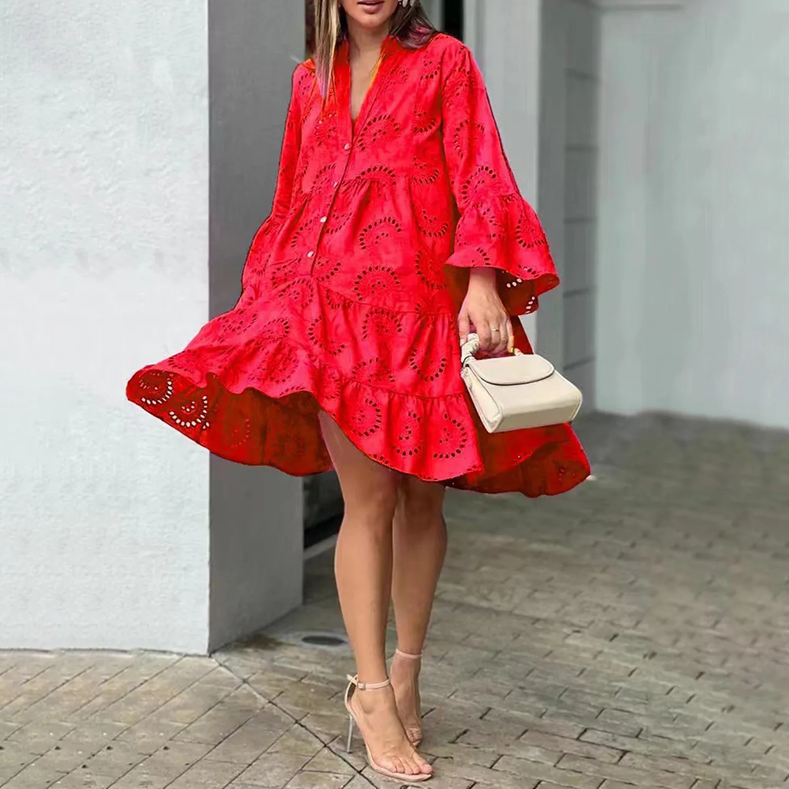 Vestido corto holgado de encaje con agujeros para mujer, minivestido Vintage elegante con cuello en V, bordado, para playa, verano, 2024