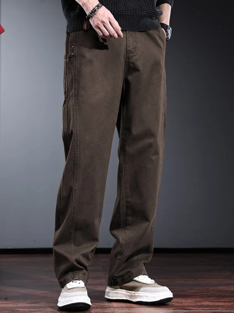 Autumn Baggy Straight Pants Men Casual Coffee Cotton Cargo Pants Korean Style Clothing Elastic Waist Loose Trousers