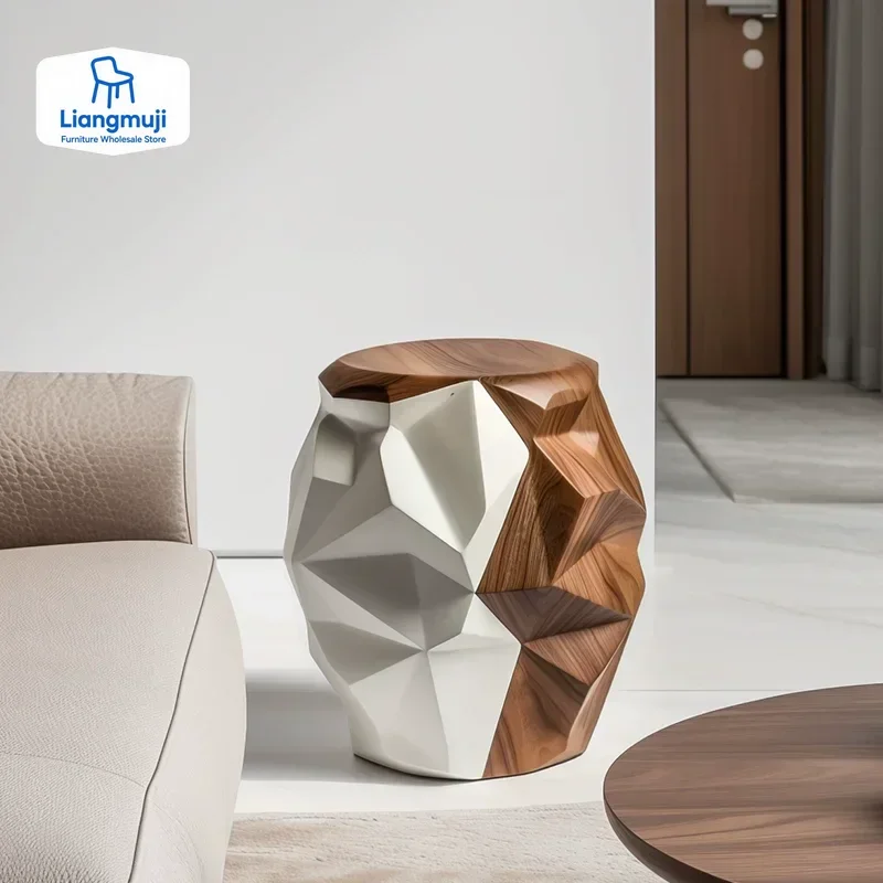 

Italian Light Luxury Geometric Solid Wood Stool, High-end Living Room Stool Design Sense Art Creative Round Side Table,Low Stool