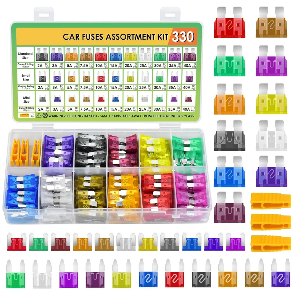 

Набор предохранителей, 330 шт., стандартный, маленький и мини-размер (2A-40A), набор сменных предохранителей с съемником для лодок, грузовиков, внедорожников