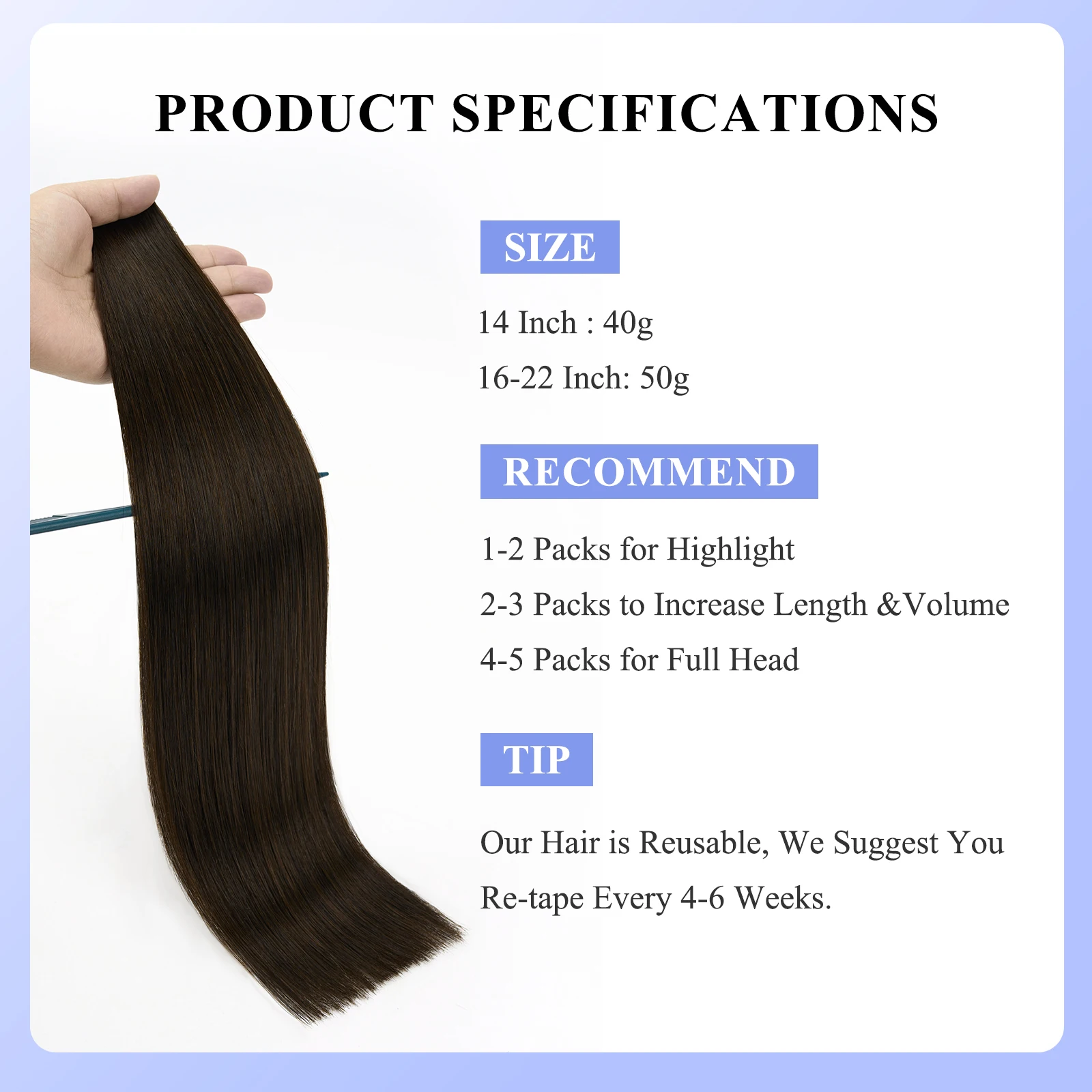 LOVELINE 20pcs 50g Brown Tape in Hair Extensions Human Hair Remy Straight Hair Extensions Invisible PU Skin Weft Hair for Women