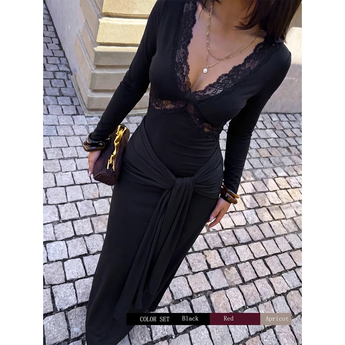 Erotogenic Lace Deep V-neck Clothes For Women, Long-sleeved See-through,   With Waist Twist And Tie Straps, Smart Fit, Body Long