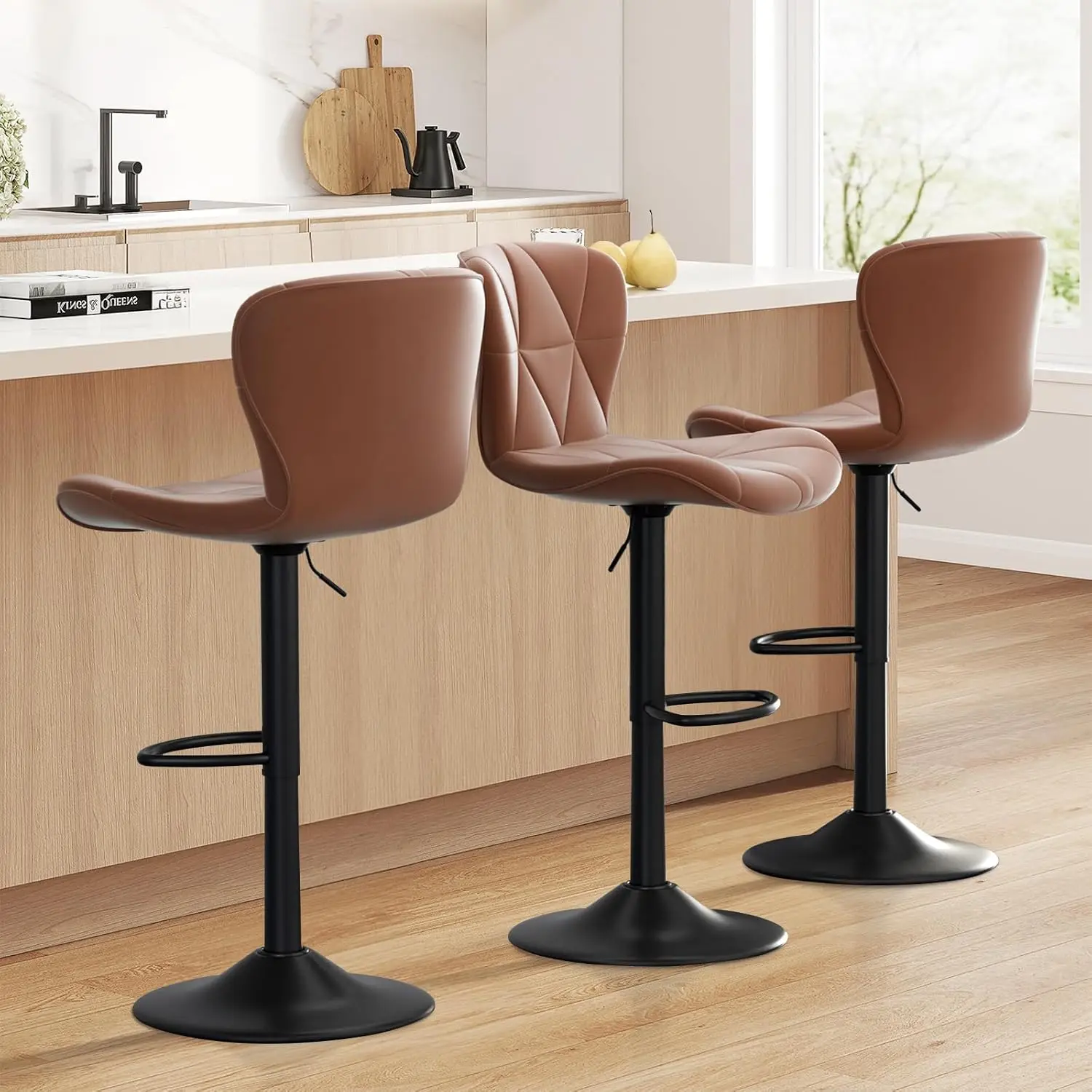 

Bar Stools Set of 3,Adjustable Swivel Barstools, Faux Leather Bar Chairs,Upholstered Counter Height with High Backrest