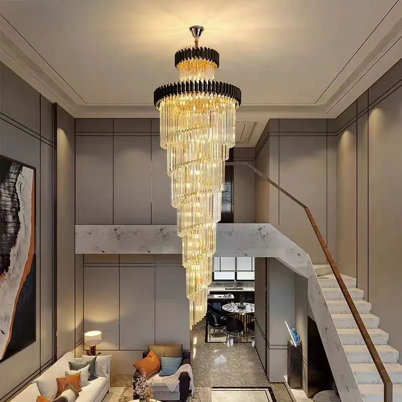 Candelabro LED de Cristal de lujo para escalera de Villa, lámpara colgante de Cristal grande y moderna, accesorio de iluminación largo para interior del hogar dorado