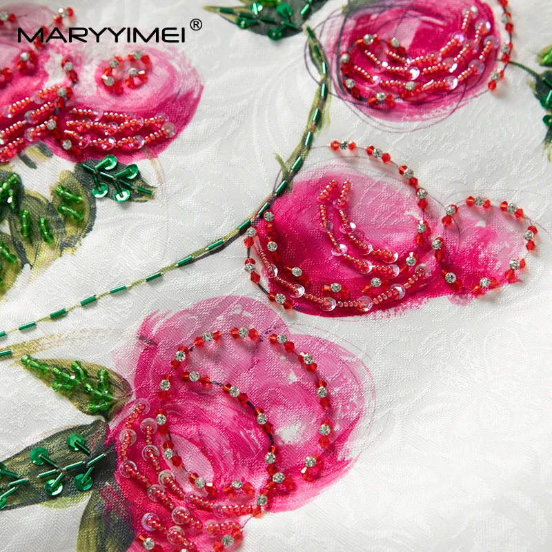 MARYYIMEI Zomer Nieuwe Collectie vrouwen Jurk O-hals Korte Mouwen Jacquard Kralen Witte Jurken