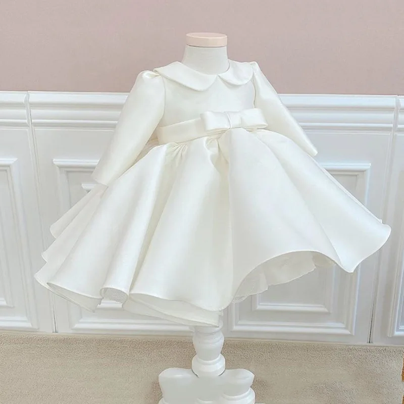 

Baby Girl Princess Silk Peter Pan Collar Dress Bow Long Sleeve Child Vintage Vestido Party Birthday Baptism Frocks 1-14Y