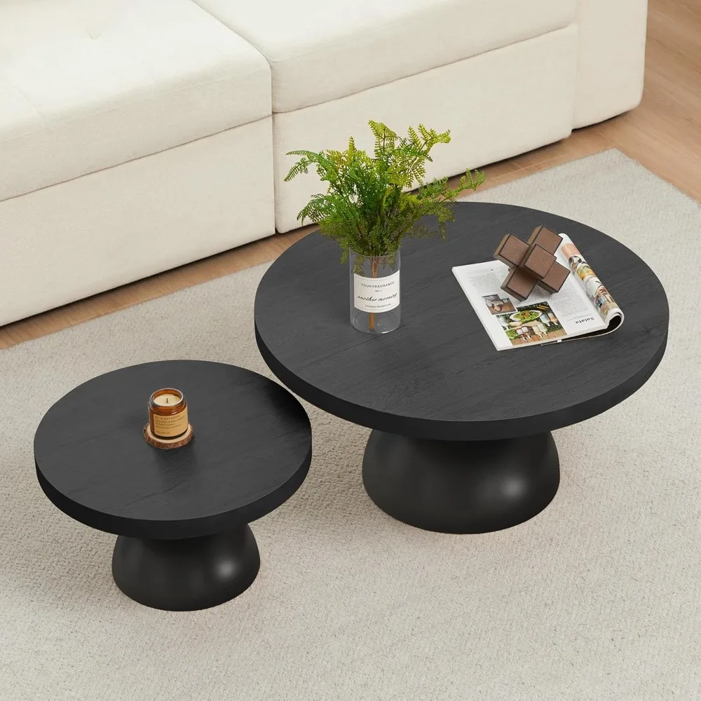 

Mid-Century Modern Nesting Coffee Tables - Pair of Round Solid Wood Accent Tables with Semi-Circular Legs