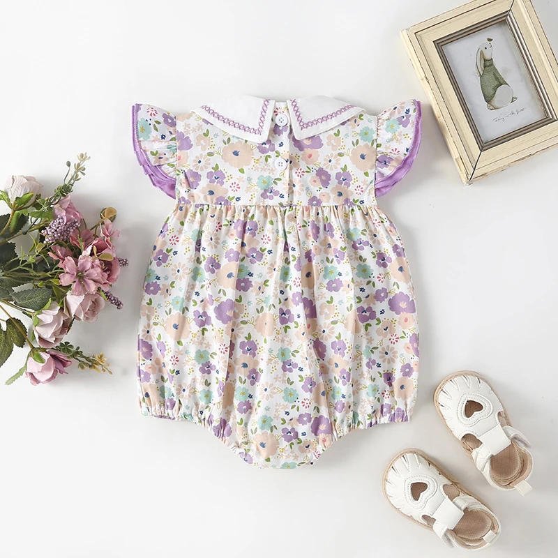 2024 New Summer Sweet Floral Bodysuits For Baby Girls Flying Sleeve Infant Newborn One Piece Irregular Collar Baby Clothes