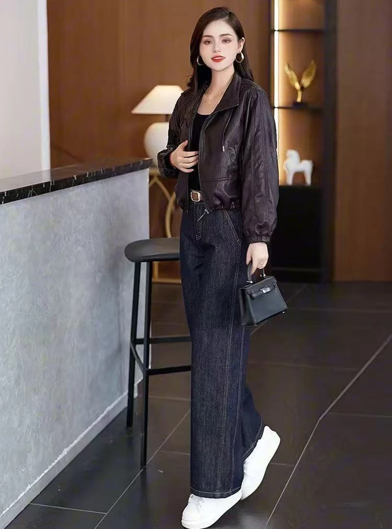 Chic Black Women Faux Leather Jacket Zip Up Lapel Collar Drawstring Hem Loose Oversized Pockets Streetwear Moto Outerwear Top