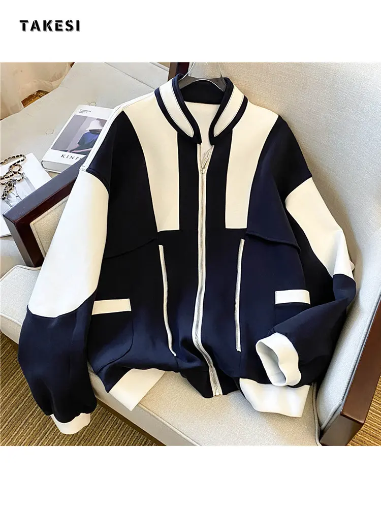 American Casual Patchwork Coats Women All-match Fashion Loose Harajuku Color Block Outwear Zipper Bomber Jacket Streetwear Fall