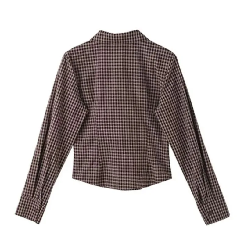 Deeptown Brown Plaidi Vintage Women Shirts Elegant Long Sleeve American Style Blouses Slim Casual Aesthetic Classic Office Lagy
