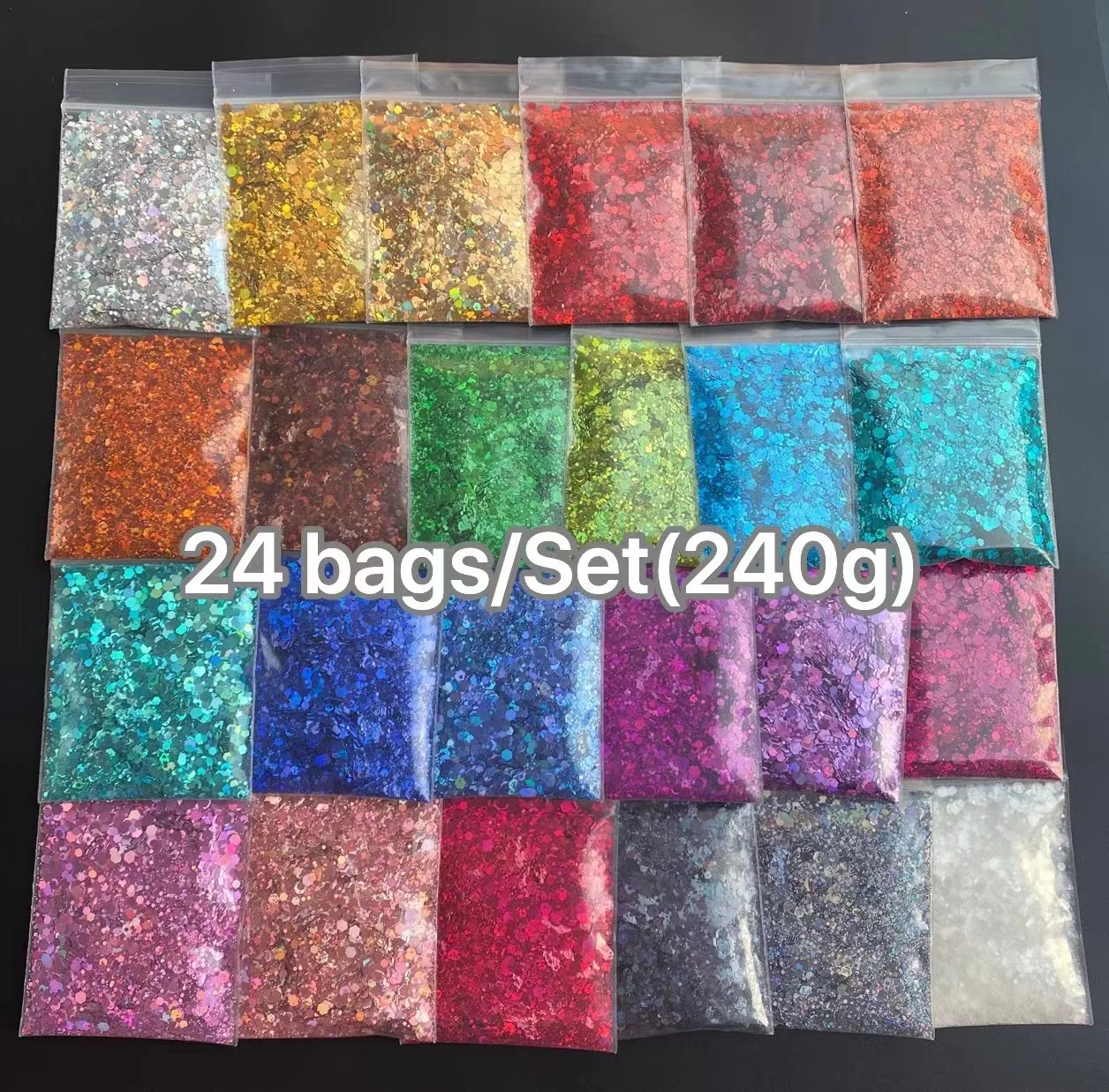 

24 Bags/Set Holographic Nail Glitter Flakes Bulk Mixed Sizes Laser Chunky Fine Glitter Sequins for Nail Art 240g