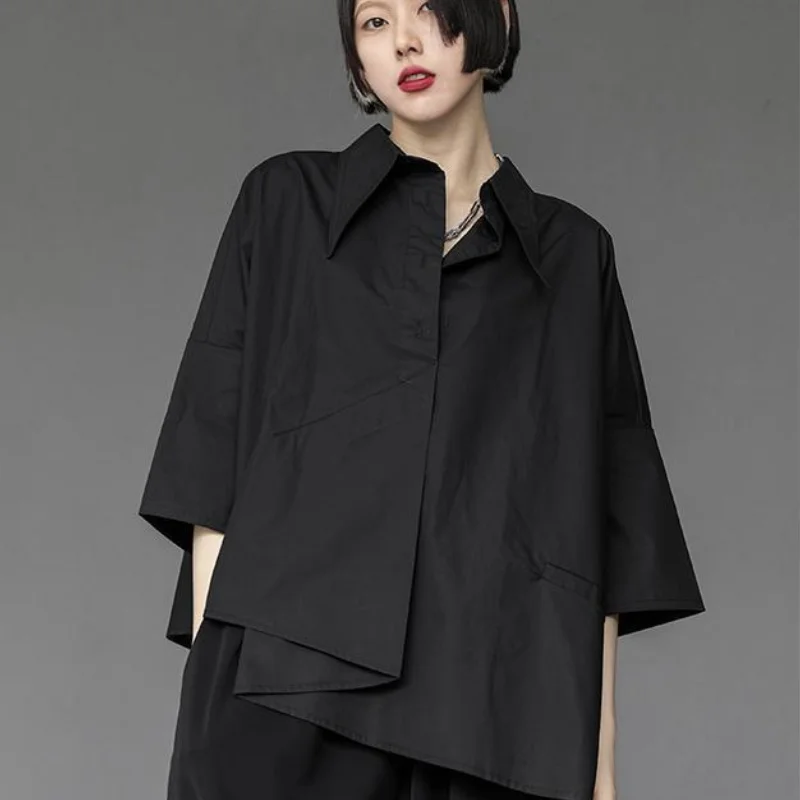 Women Gothic Black Shirts Blouses Lady Loose Tops Dark Academic Irregular Three Quarter Sleeve Blouse