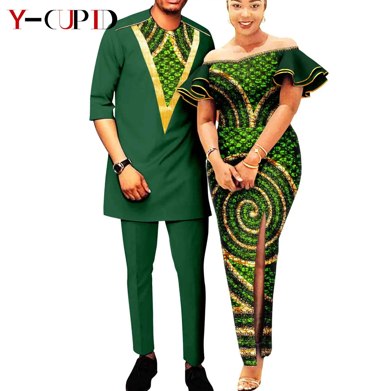 African Print Dresses for Women Ruffles Sleeve Fit Dresses Matching Couple Outfits Dashiki Men Zipper Shirt Pants Sets Y23C003