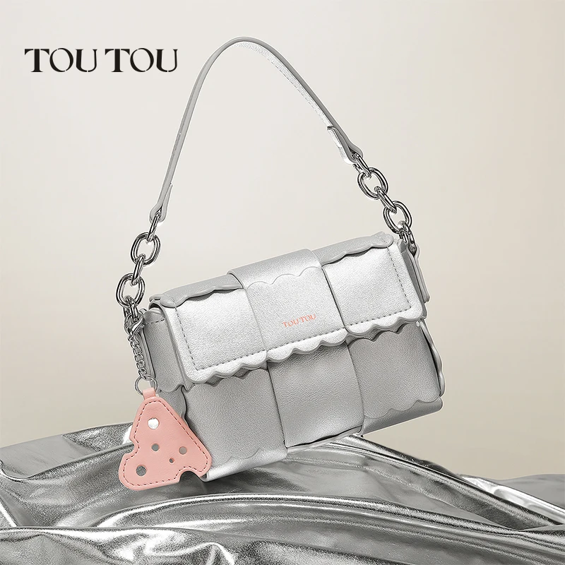 TOUTOU Women Handbag Biscuit Woven Pillow Bag Small Design Handheld Silver Single Shoulder Crossbody Bag for Cosmetic Storage