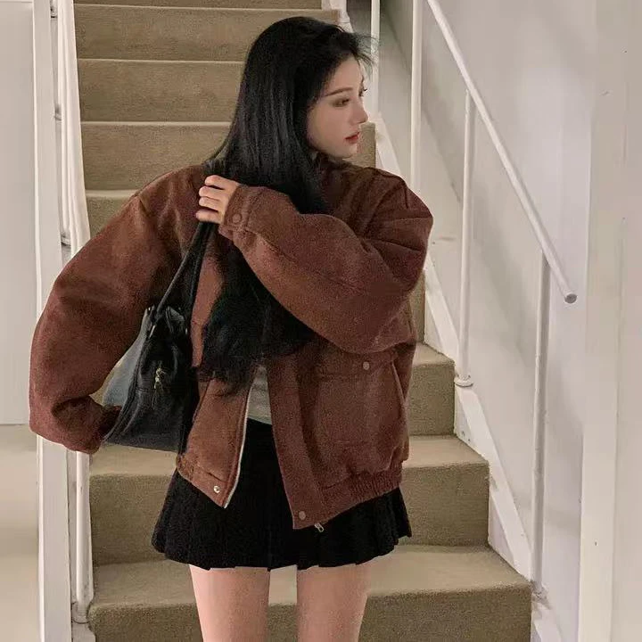 

Women's Chic Retro Suede Jaet Fce Lined Motorcycle Sle Streetwear Top Warm Inner Commute Faion Stand Fit