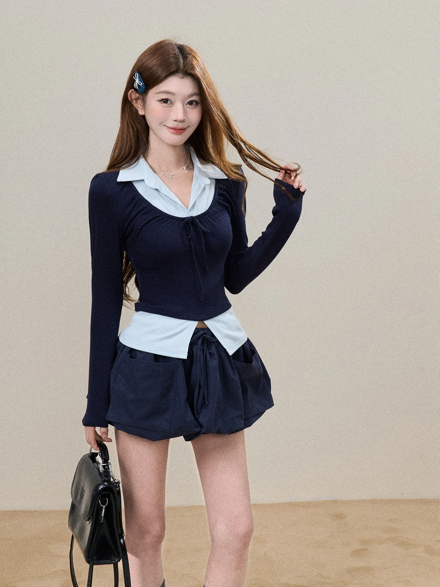 

Женская футболка с длинным рукавом, имитация двухслойности, облегающая, удобная, мягкая, в китайском стиле, весенняя модная новинка