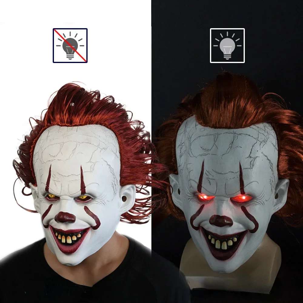 Horror LED Clown Mask Halloween Masque Pennywise Cosplay Latex Glowing Joker Mask with Multicolor Hair Wig Joker Mask for Adult