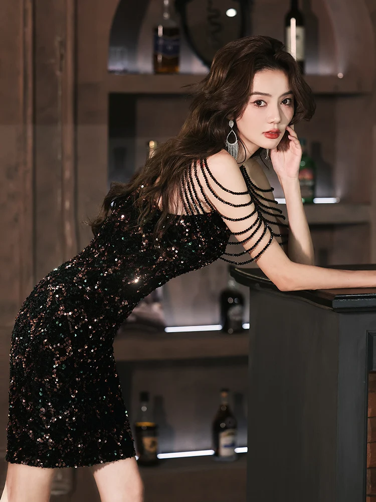 

Ele Bla Evening Gown Women's Faion ort Svel Dr Glittering Beads mid Waist Zipper Sle for Birthday Par ...