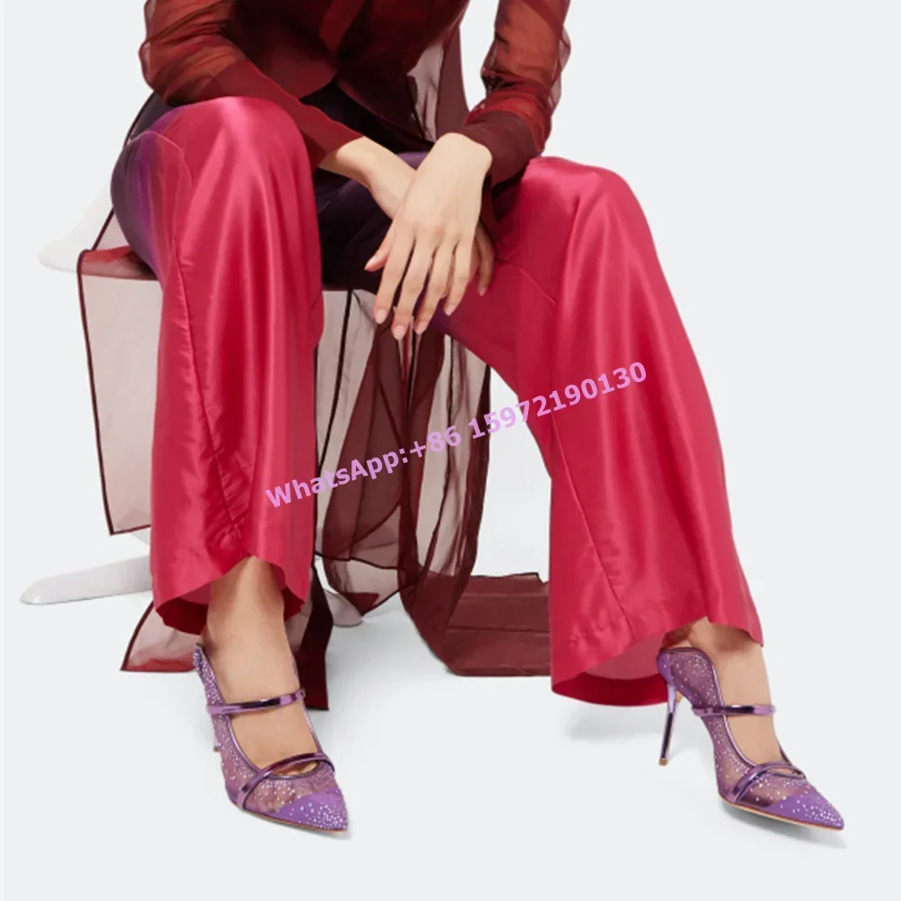 

Crystal Purple Transparent Sandals Slip On Straight Strap Pointy Toe Thin Heels Shoes Women's Bling Elegant Summer Sandals