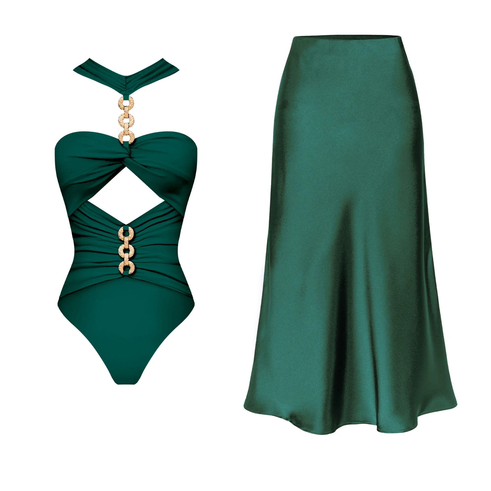 Trajes de baño de una pieza con anillo dorado y falda, traje de baño fruncido con cuello atado, traje de baño con Control de barriga para mujer, ropa de playa