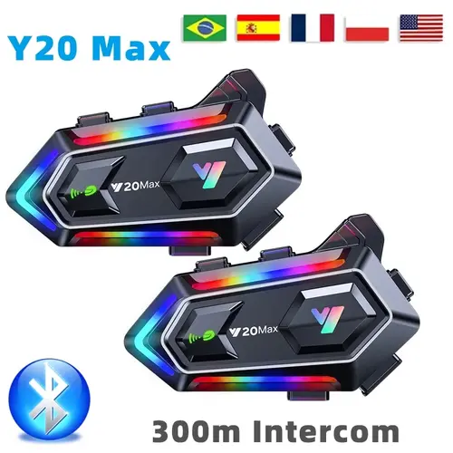 Imagen 1 del producto Y20 MAX-intercomunicador con Bluetooth para casco de motocicleta, intercomunicador con luz RGB colorida, efecto mezclador V5.3, batería de 1000mAh, resistente al agua IPX6