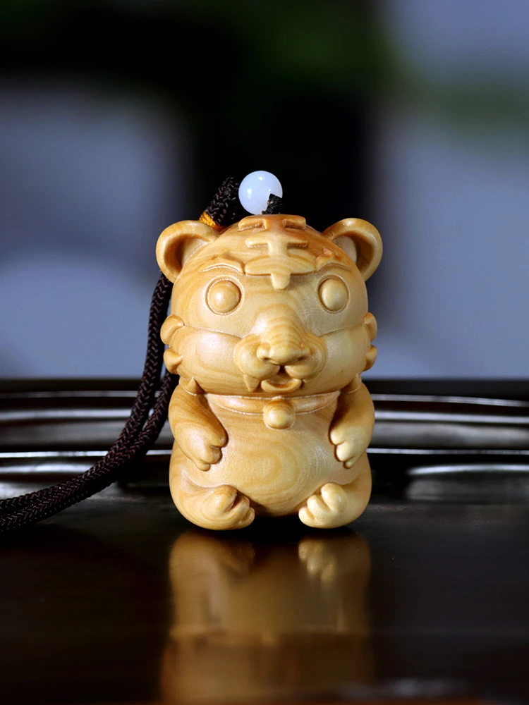 Solid Wood Miniature Tiger Sculpture, Hand-Crafted Boxwood Zodiac Emblem, Ideal Car Pendant, Living Space Accent