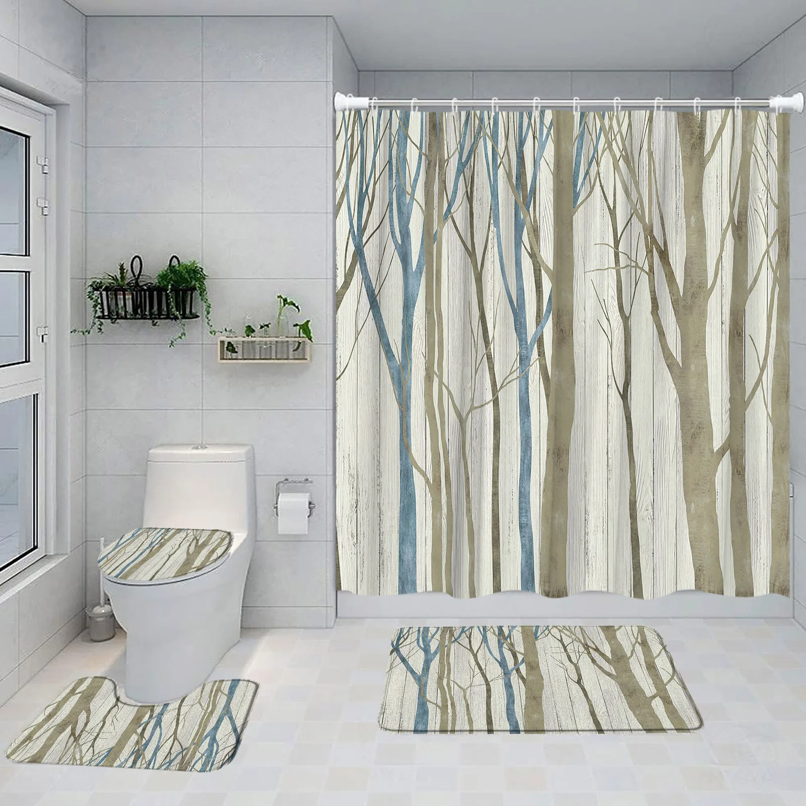 Imagem -03 - Floresta de Nevoeiro de Chuva Conjunto de Cortina de Banho Árvores Natureza Cachoeira Banheiro Decorações Modern Bath Mat Tapete de Casa Tampa do Toalete