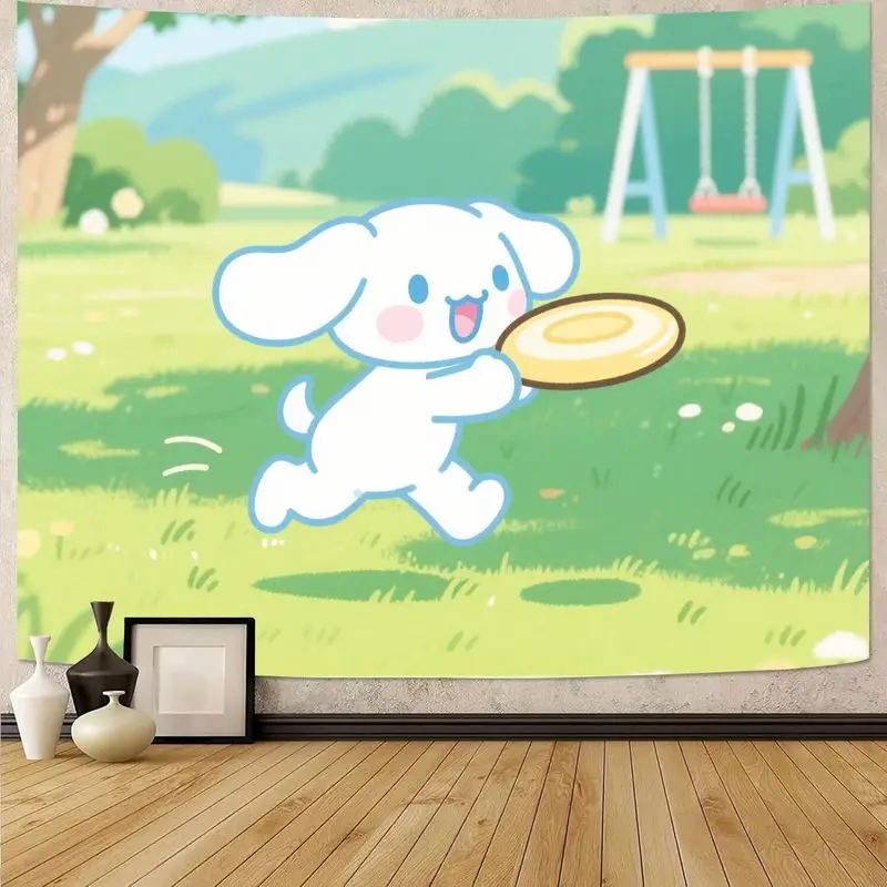 

1 шт. Kawaii Cinnamoroll Puppy Playing Frisbee гобелен, милая парковая сцена, настенное искусство для спальни, гостиной, декора в общежитии, подарок для Сан