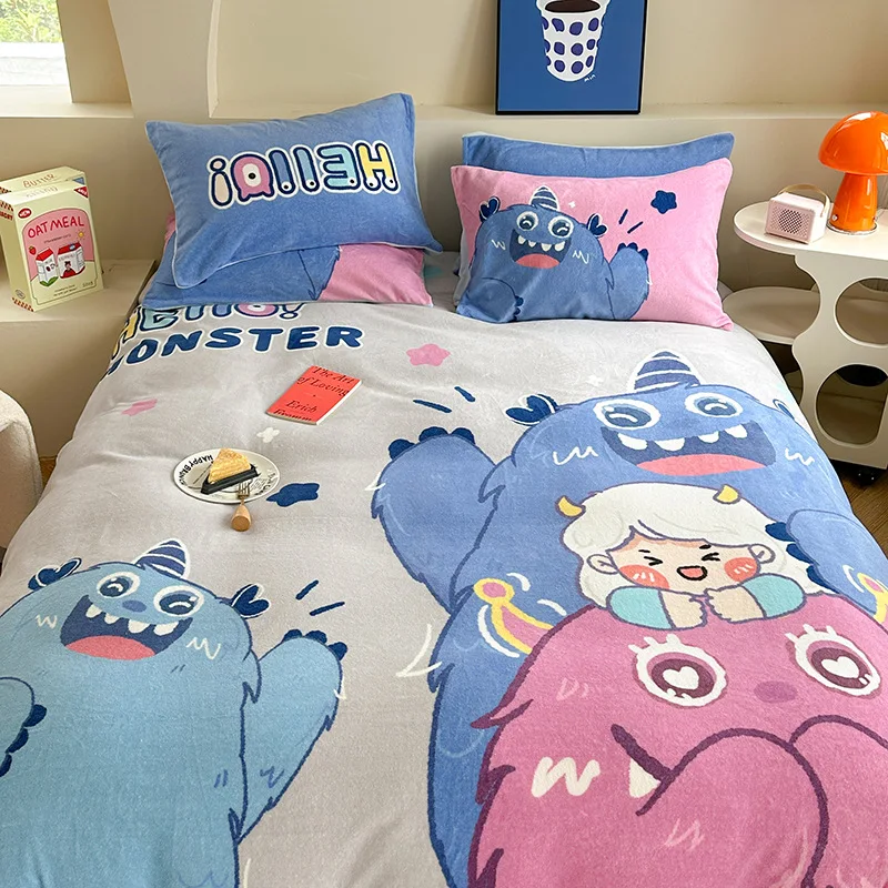 3/4 PCS Children's Milk Flour Quilt Cover Ins Cute Cartoon Anime Panda Thick Double Sided Coral Flour 1.2/1.5/1.8m Bed Sheet