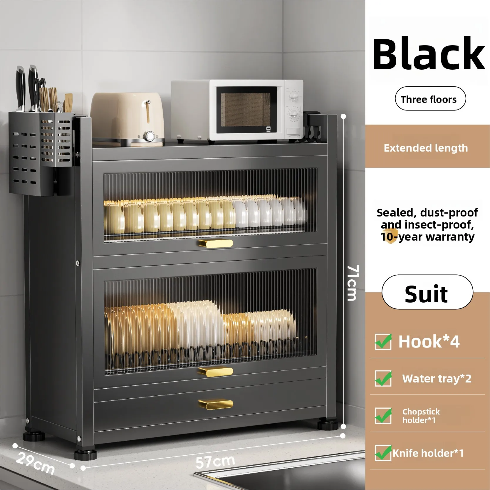 Kitchen cupboard storage box with door, dust-proof bowl rack, countertop, dish storage rack, chopsticks, dishes, drain rack