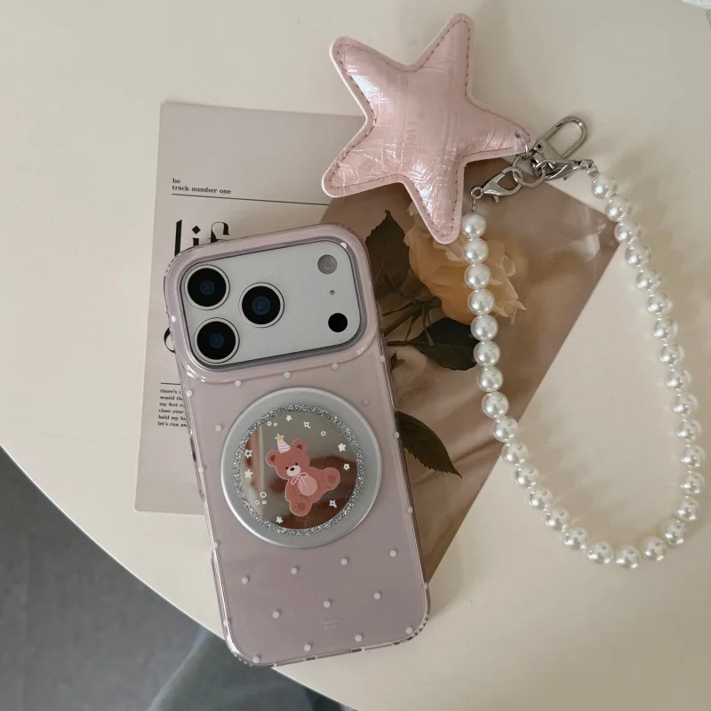 

Korean Pink Polka Dot Magnetic Phone Case For iPhone 17 Pro 16 15 14 Pro Max Cover with Magsafe Stand Chain Cute Cases 17 Promax