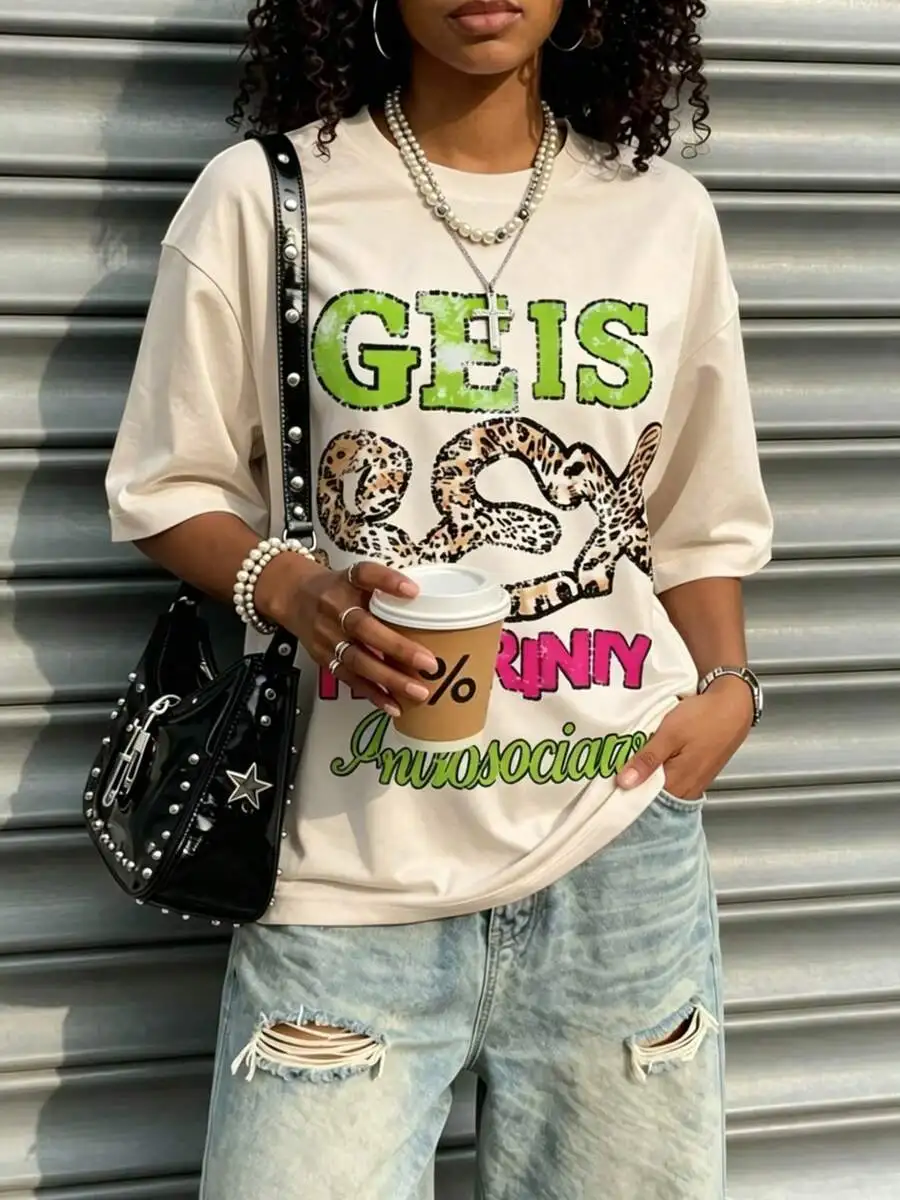 2026 New Women's Fashion Casual Short Sleeve T-Shirt With Letter, Leopard, And Snake Print Pattern, Round Neck, Loose Fit, Stree