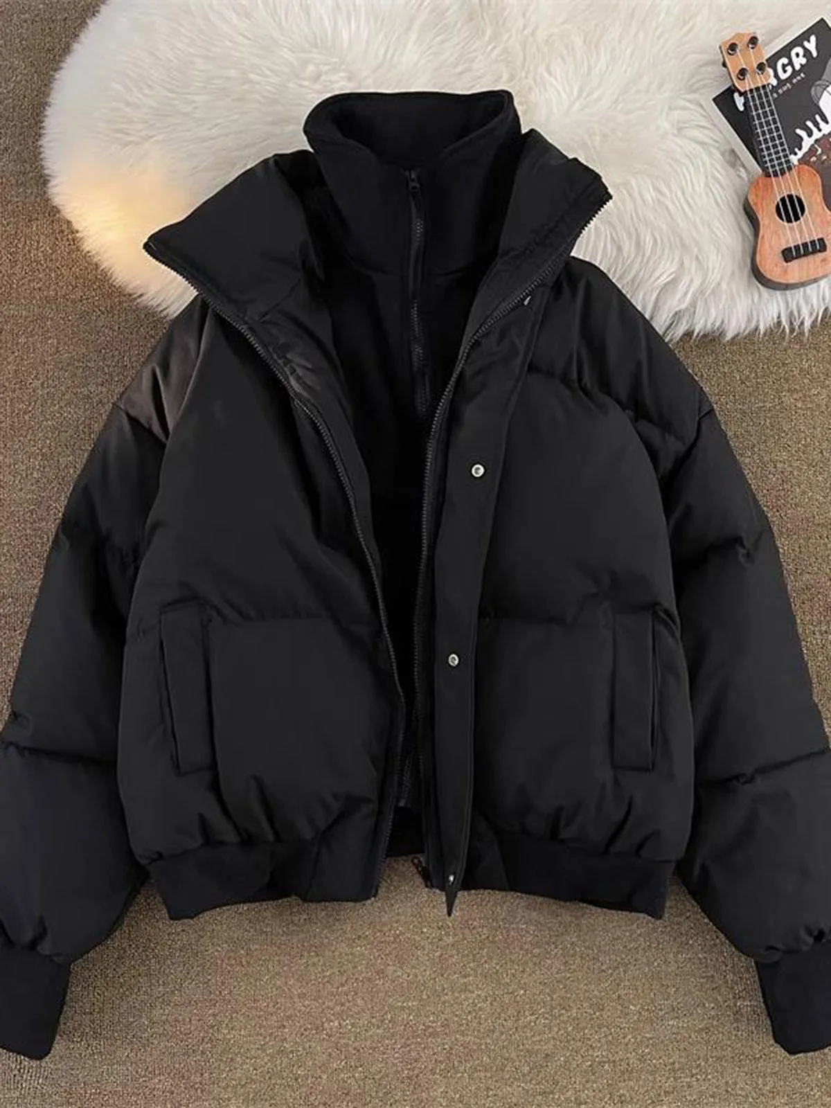 Men's Winter Thickened down Cotton Jacket Bread Style Warmth Casual Long Sleeve Zipper Closure Side Pocket Loose Fit Coat