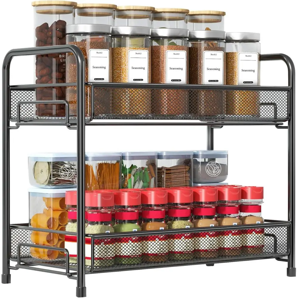 

2-Tier Foldable Metal Rust-Proof Standing Large Seasoning Storage Shelf with Guardrail and Mesh Design for Kitchen Cabinet Bathr