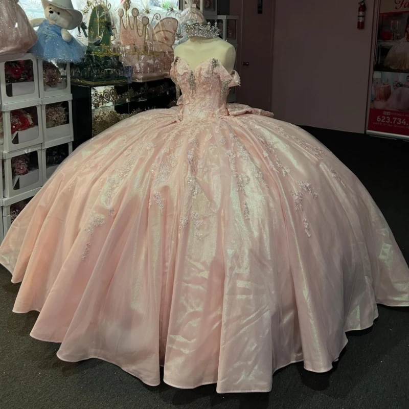 

Pink Shiny Ball Gown Quinceanera Dresses Off The Shoulder Applique Bow Beads Tull Party Birthday Sweet 16 Dress Vestidos De 15