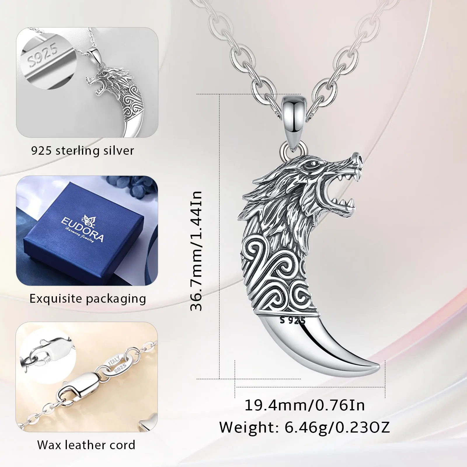 Eudora 925 Sterling Silver Wolf Fang Necklace Vintage Wolf Head Amulet Pendant Personality Jewelry Fine Party Gift for Women Man