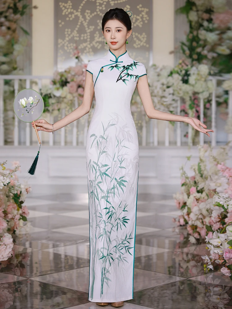 

Ele Long, новый китайский Sle Qipao, вышитый бамбук, высокая мода, белая высококачественная бамбуковая вышивка, женская повседневная одежда