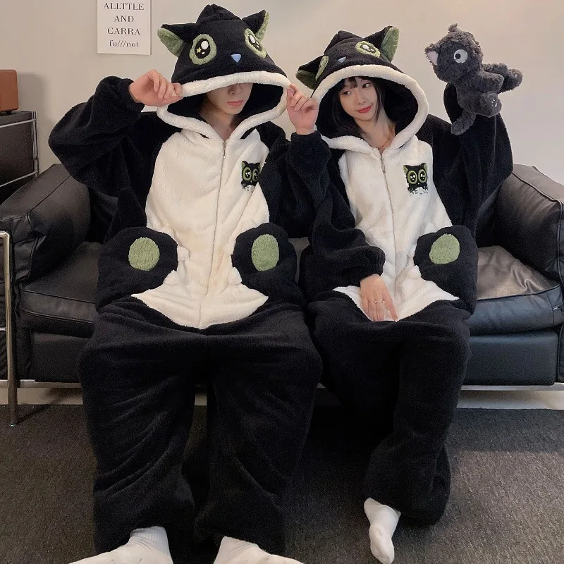 Kigurumi Adults Couples Pajamas Kawaii Cat Onesie Thick Hooded Sleepwear Woman Men One-Piece Homewear Winter Plush Loungewear image 3