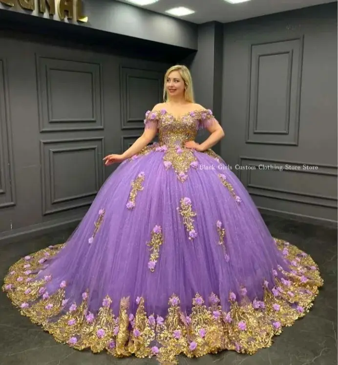 Fantasie Paarse Quinceanera Jurken 2024 Een Schouder Kathedraal Trein 3d Gebloemde Kralen Applique Vestido De 15 Quinceañera