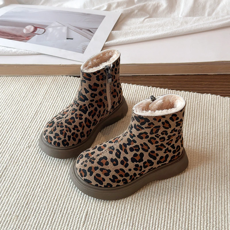 Autumn Winter Baby Boys Girls Snow Boots Leopard Print Children Shoes Anti-slip Soft Sole Outdoor Toddler Kids Warm Plush Boots view 2