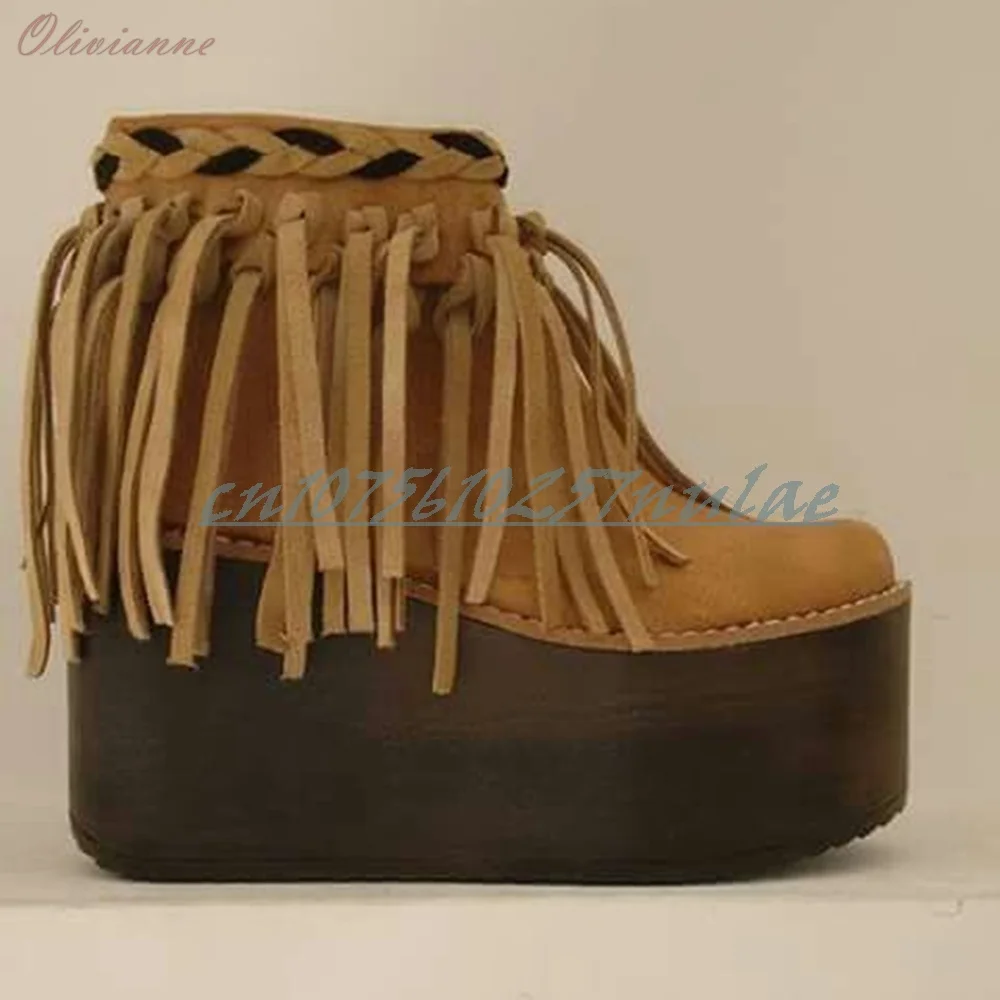 

Tassels Design Yellow Elegant Ankle Boots Thick Soled Round Toe Wedges High Heel Fashion 2026 Women Shoes Zapatos Para Mujere