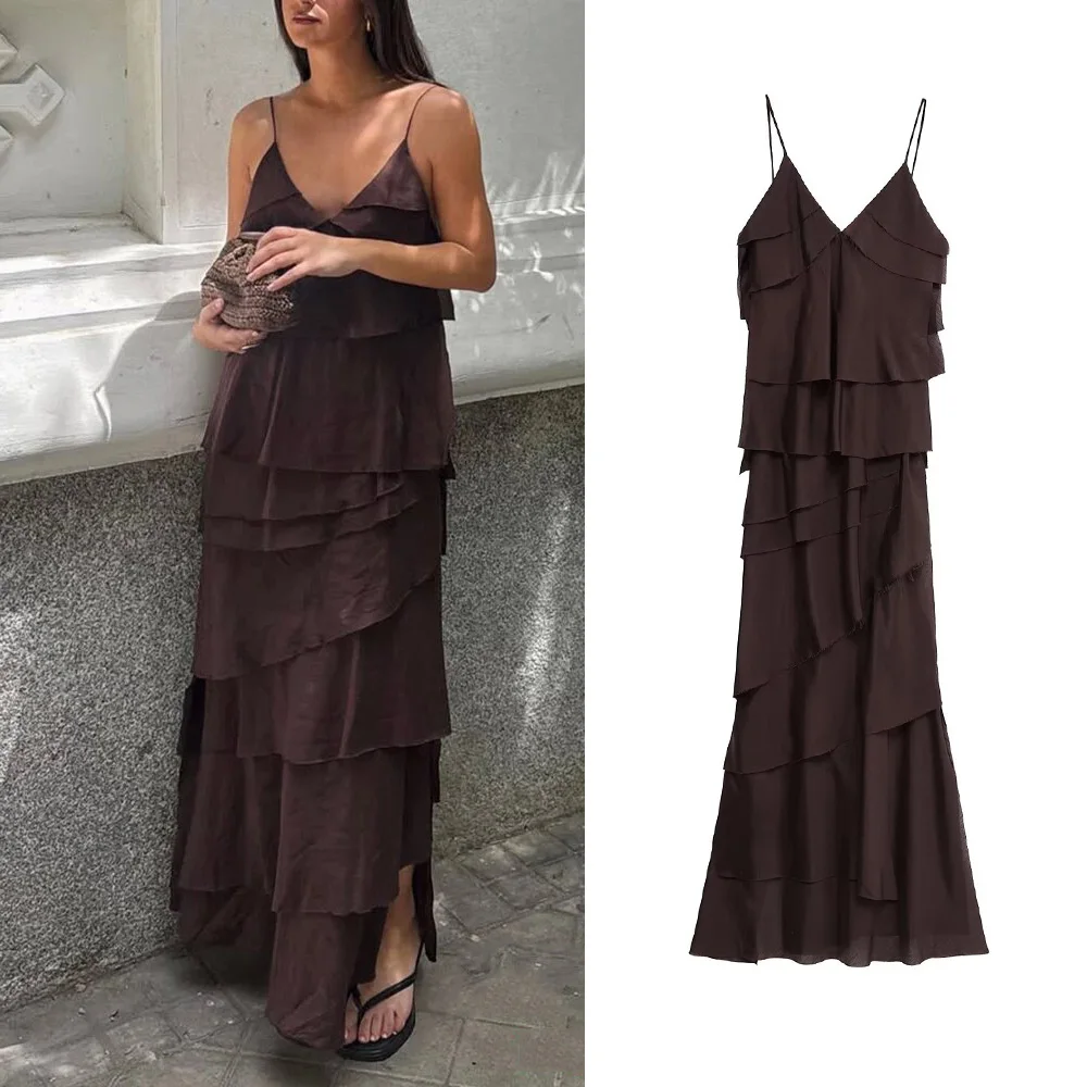 Printkaair elegante sexy vestido feminino marrom em camadas babados com decote em v assimétrico vestido longo nova moda verão férias praia vestido