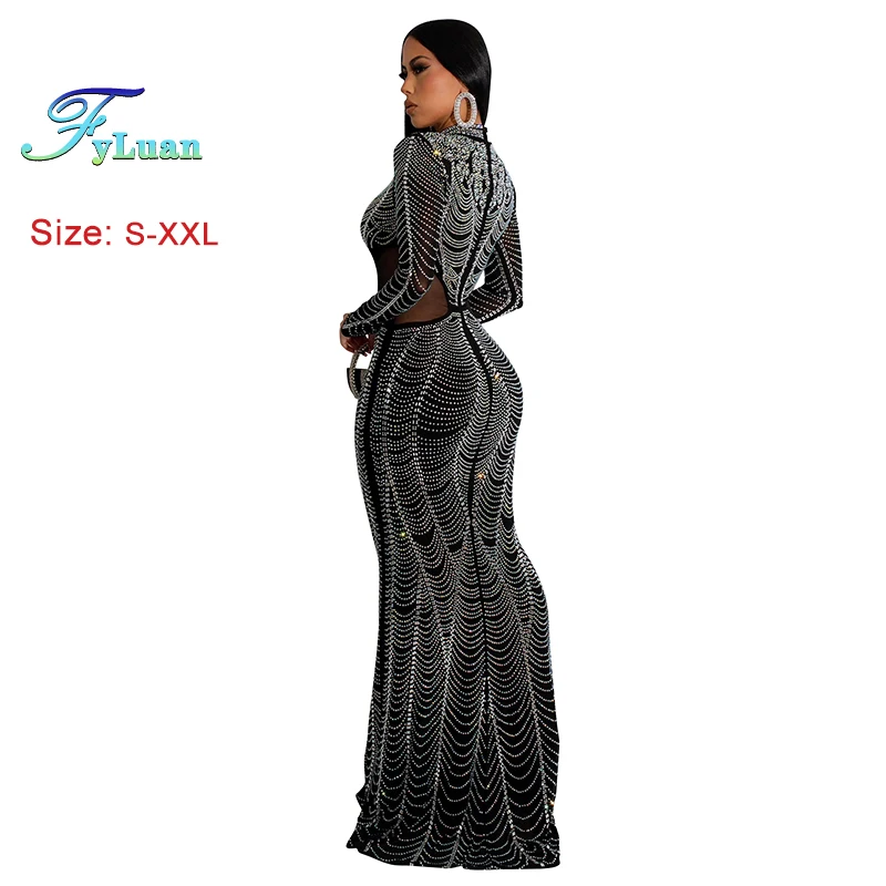 새로운 컷 아웃 허리 여성 Bodycon 맥시 드레스 라인 석 쉬어 메쉬 바닥 길이 섹시한 클럽 복장 2025 섹시한 스타일 핫 파티 드레스